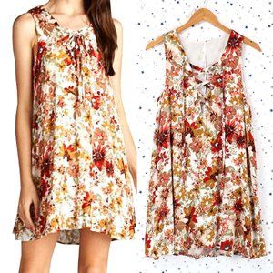 Floral Print Lace Up Sleeveless A-line Dress Ivory